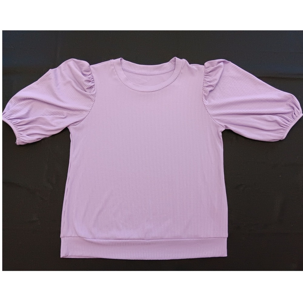 Lavender Ribbed Puff Sleeve Top Women Medium Purple Crew Neck Short Sleeve Knit